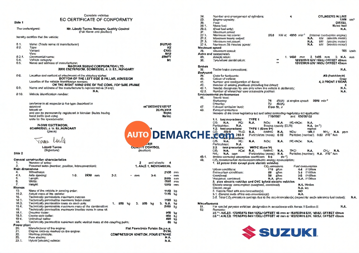 Certificat de Conformité COC Suzuki - Document officiel pour immatriculation