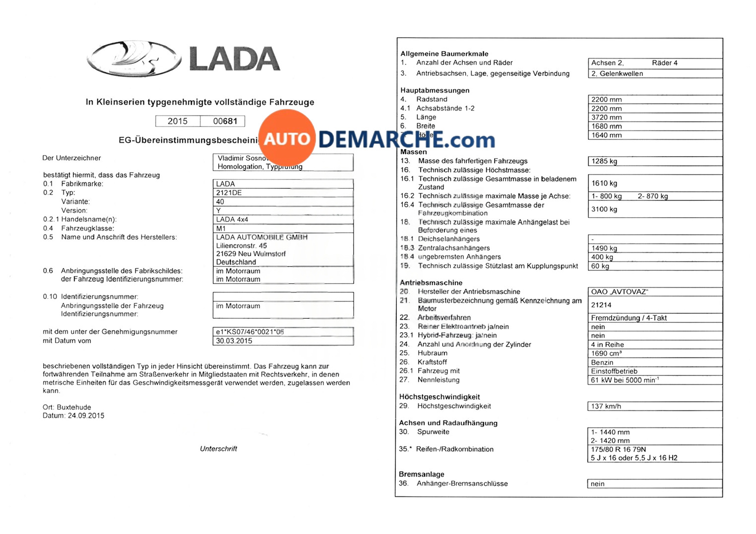 Certificat de Conformité COC Lada - Document officiel pour immatriculation