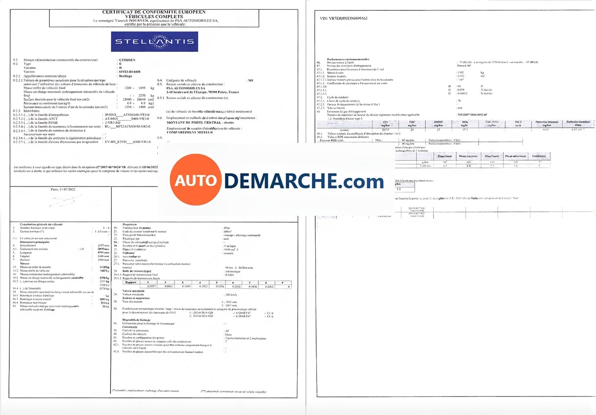 Certificat de Conformité COC Citroën - Document officiel pour immatriculation