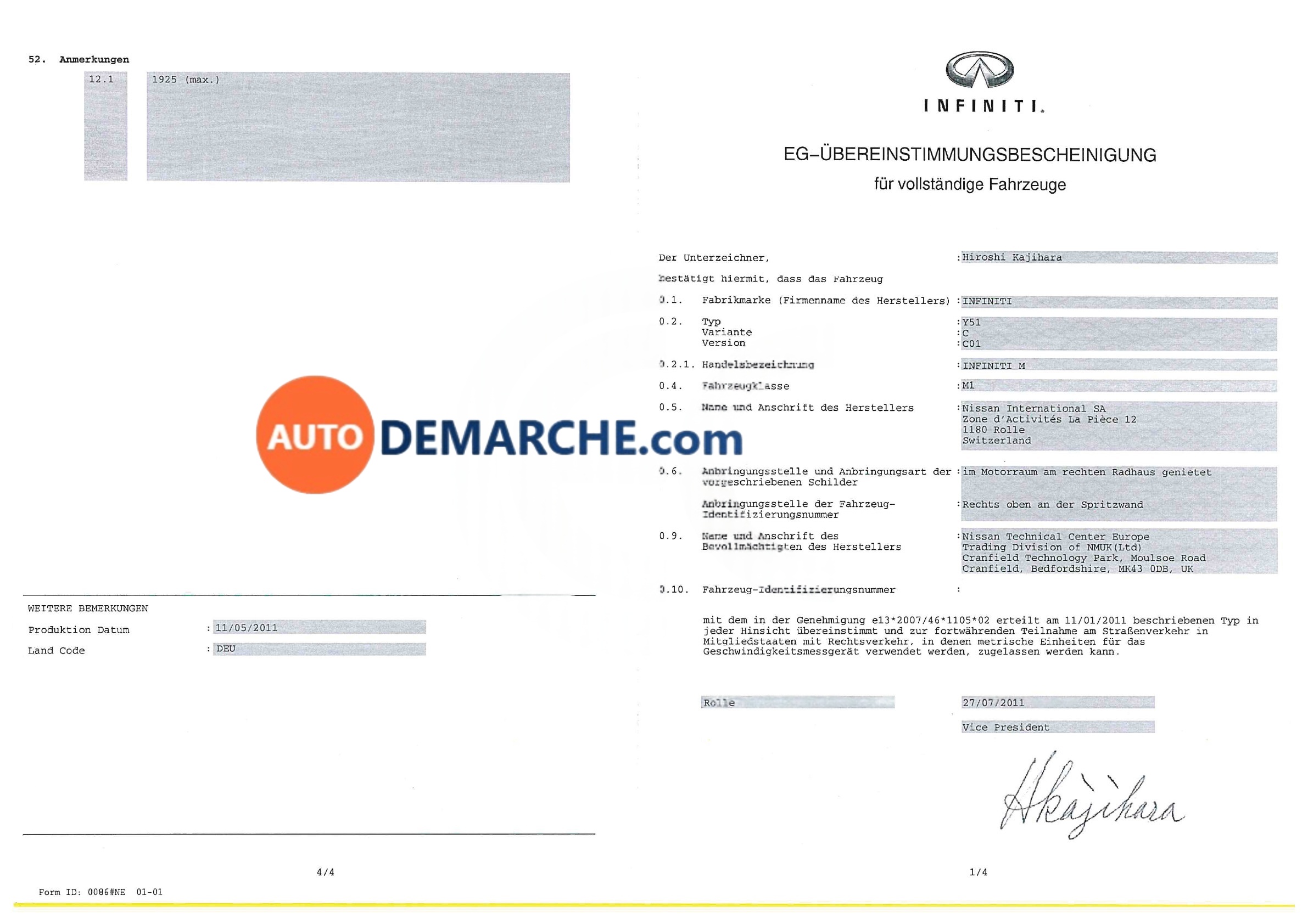 Certificat de Conformité COC Infiniti - Document officiel pour immatriculation