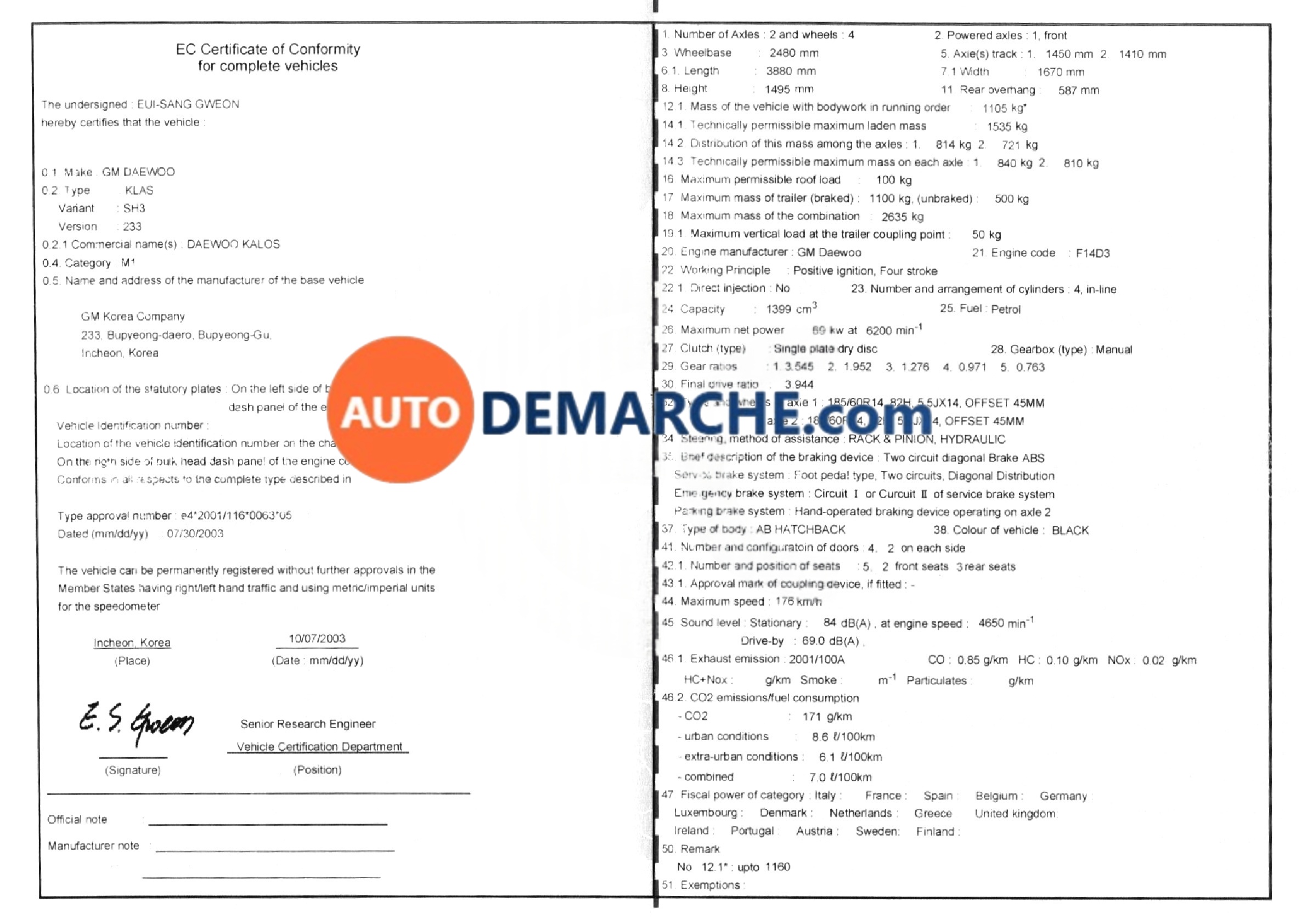 Certificat de Conformité COC Daewoo - Document officiel pour immatriculation