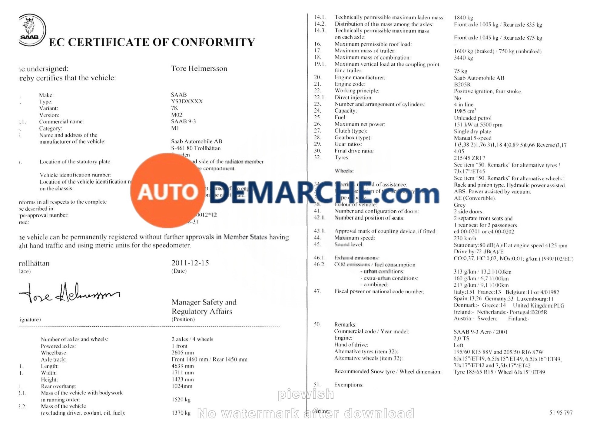Certificat de Conformité COC Saab - Document officiel pour immatriculation