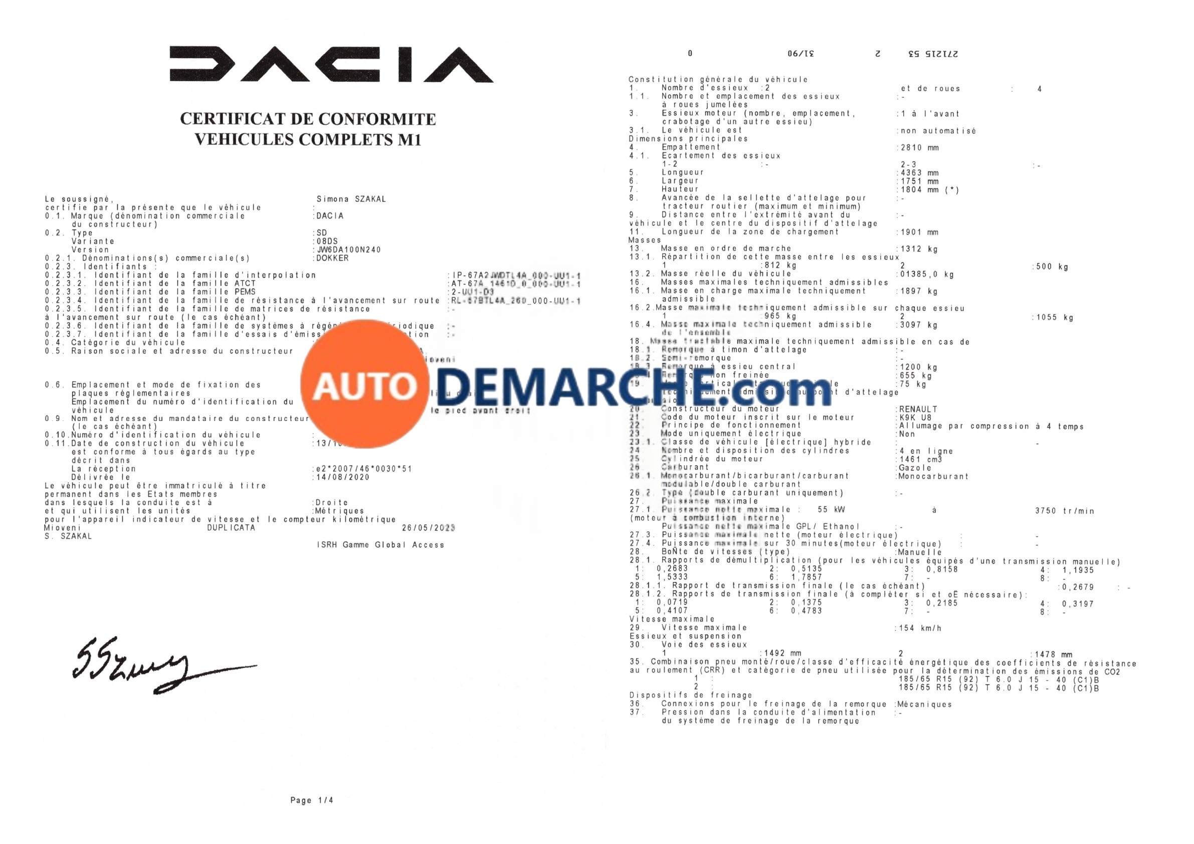 Exemple de Certificat de Conformité Dacia Certificat de Conformité COC Dacia - Document officiel pour immatriculation