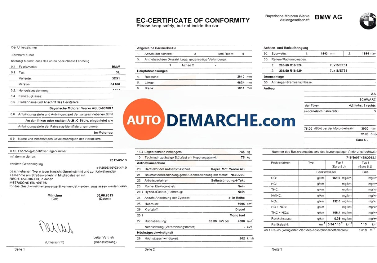 Certificat de Conformité COC BMW - Document officiel pour immatriculation