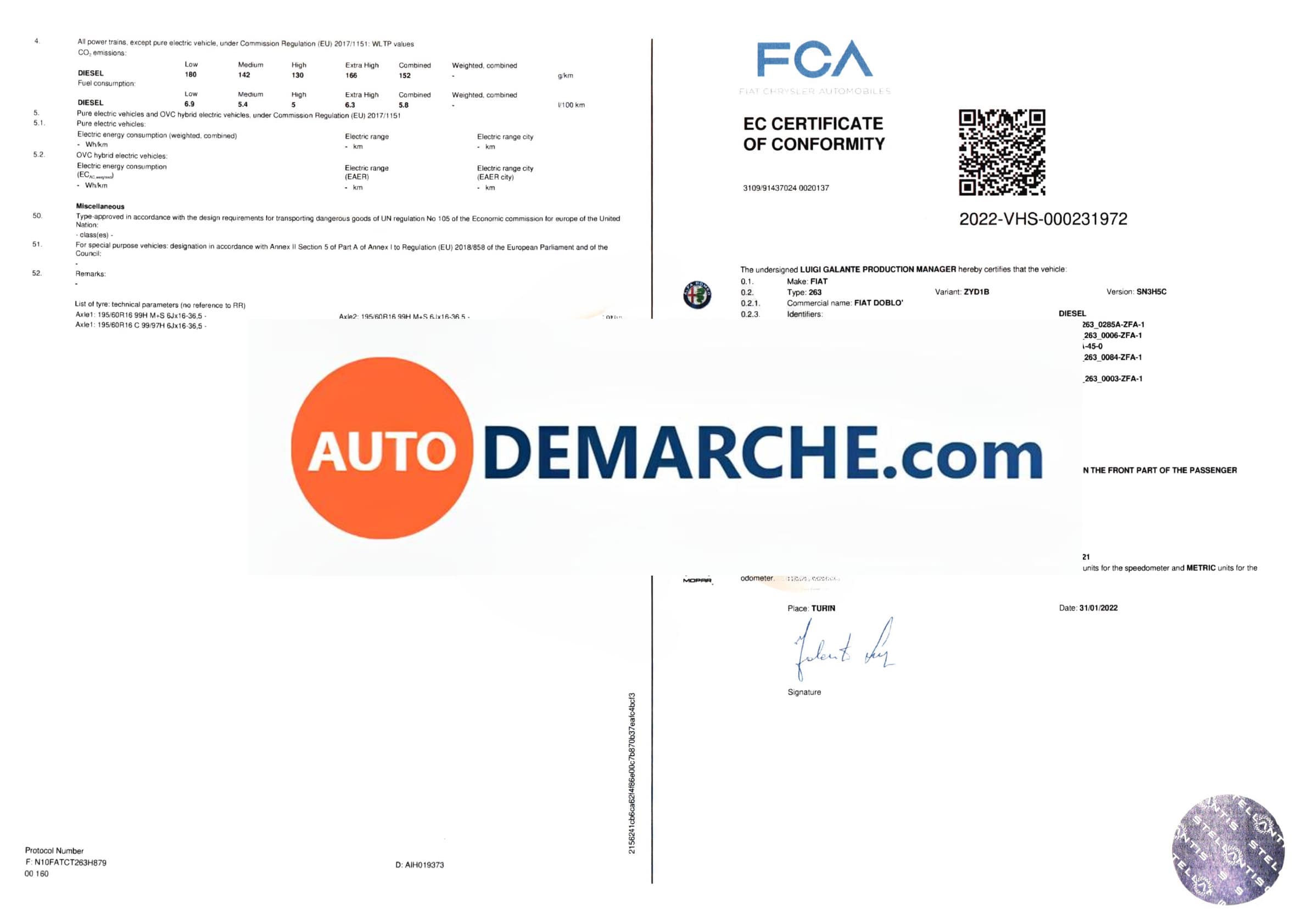 Certificat de Conformité COC Fiat - Document officiel pour immatriculation