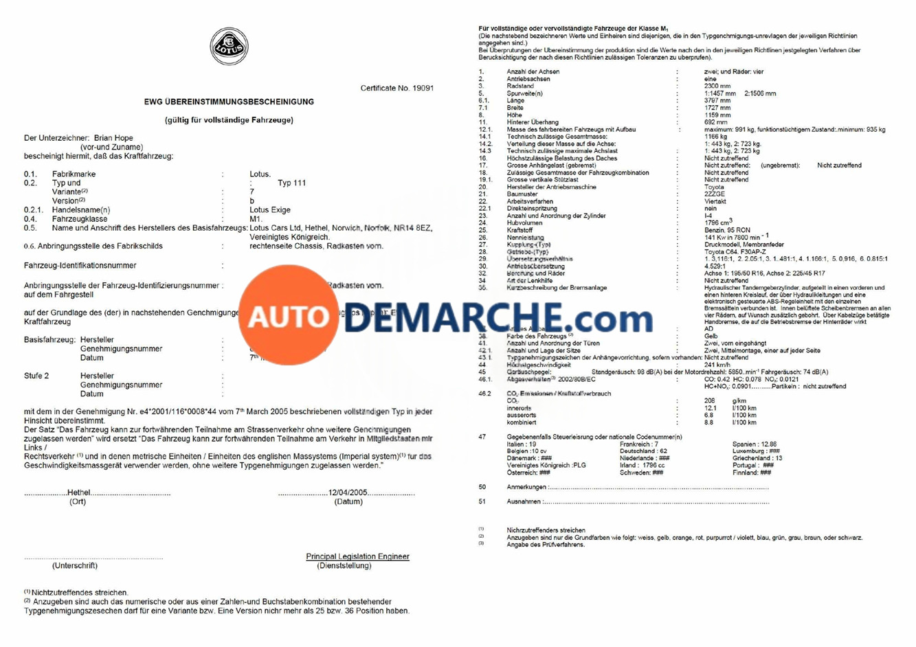 Exemple de Certificat de Conformité Lotus Certificat de Conformité COC Lotus - Document officiel pour immatriculation