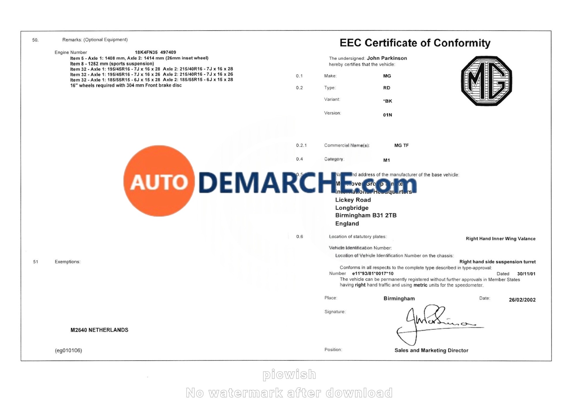 Certificat de Conformité COC Rover - Document officiel pour immatriculation