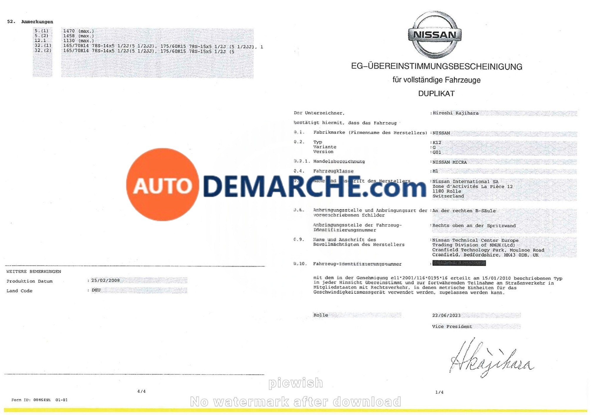 Certificat de Conformité COC Nissan - Document officiel pour immatriculation