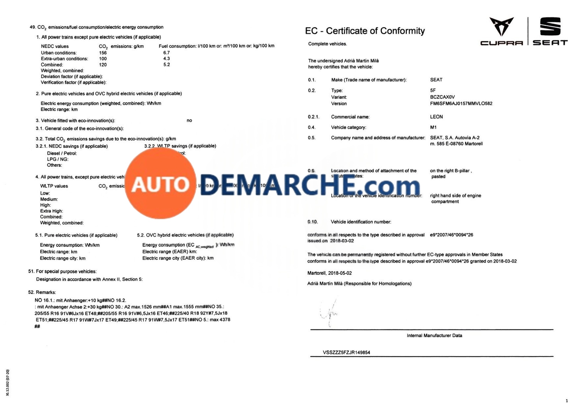Certificat de Conformité COC SEAT - Document officiel pour immatriculation