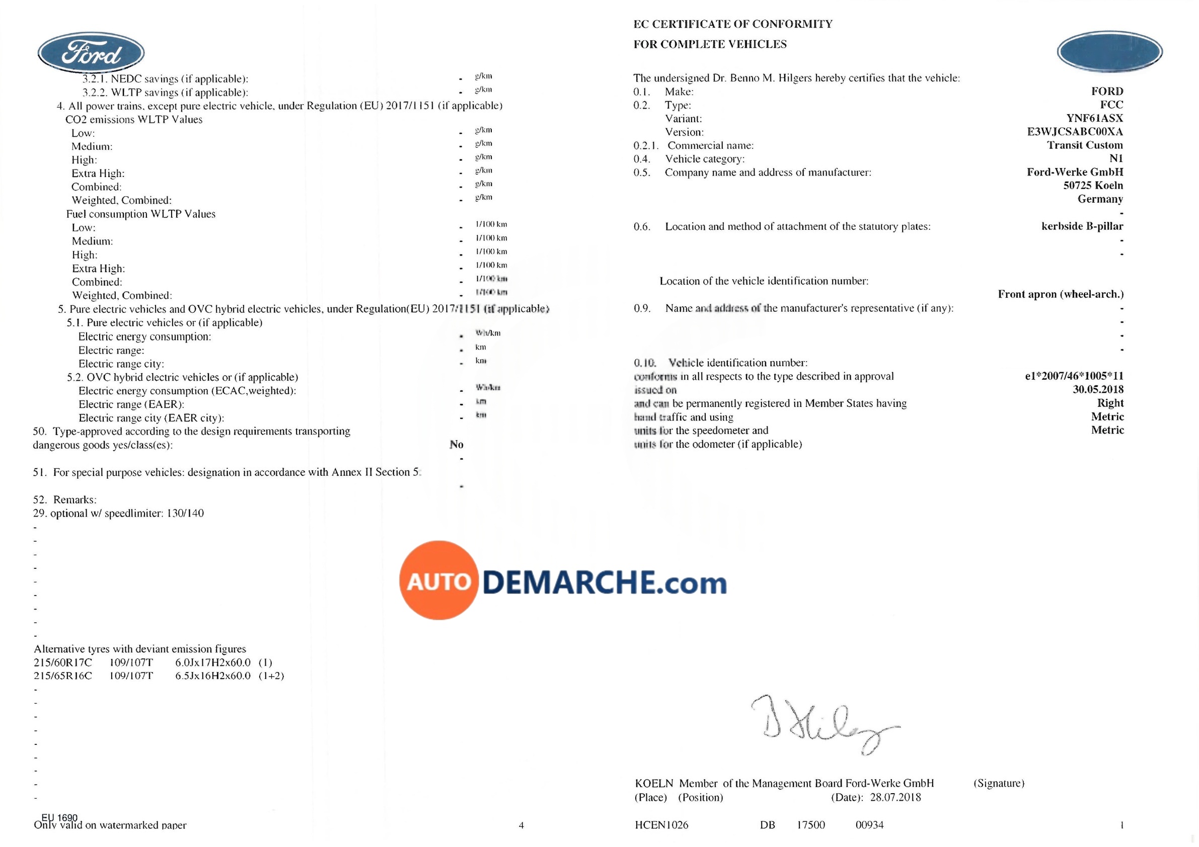 Certificat de Conformité COC Ford - Document officiel pour immatriculation