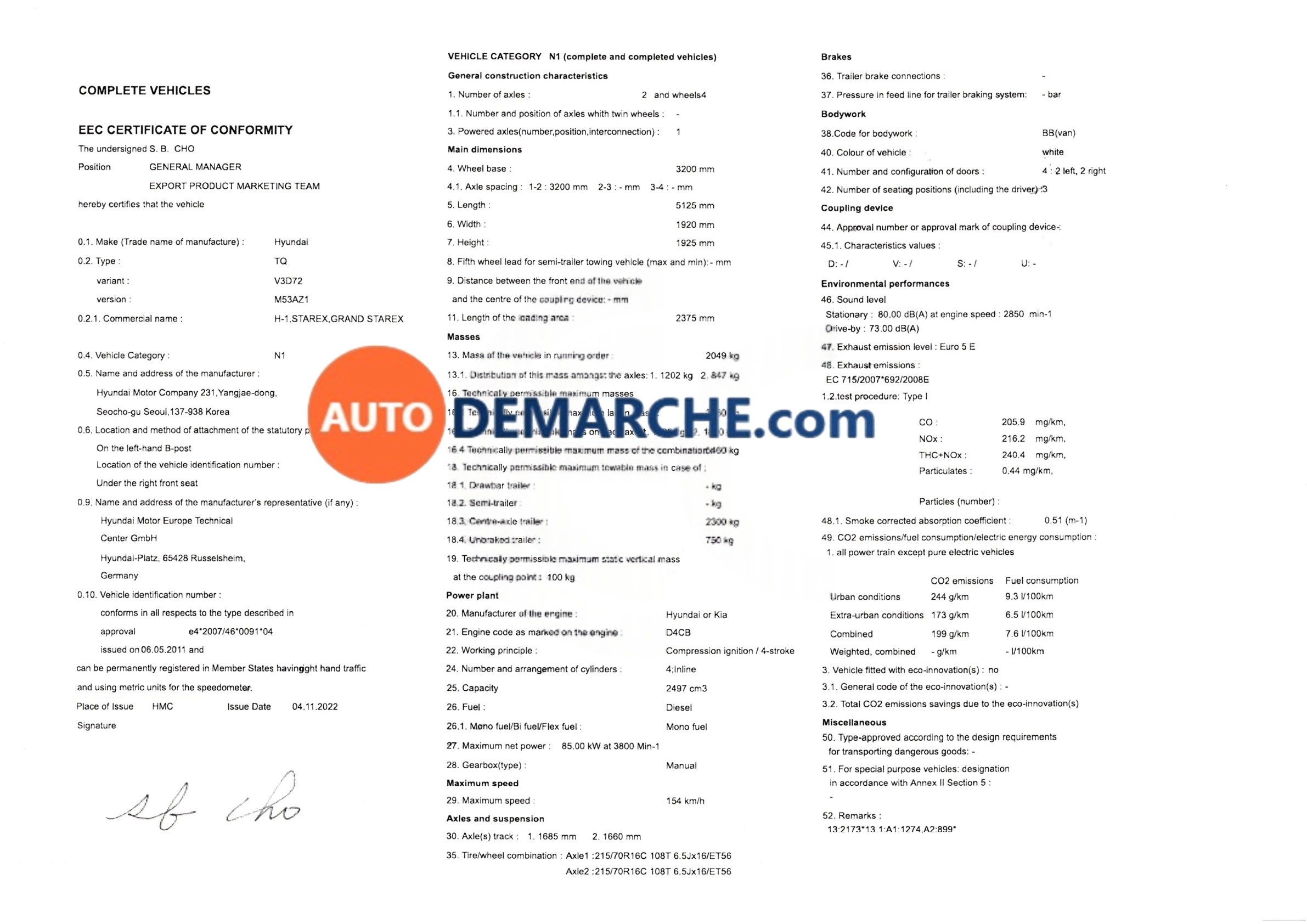 Exemple de Certificat de Conformité Hyundai Certificat de Conformité COC Hyundai - Document officiel pour immatriculation
