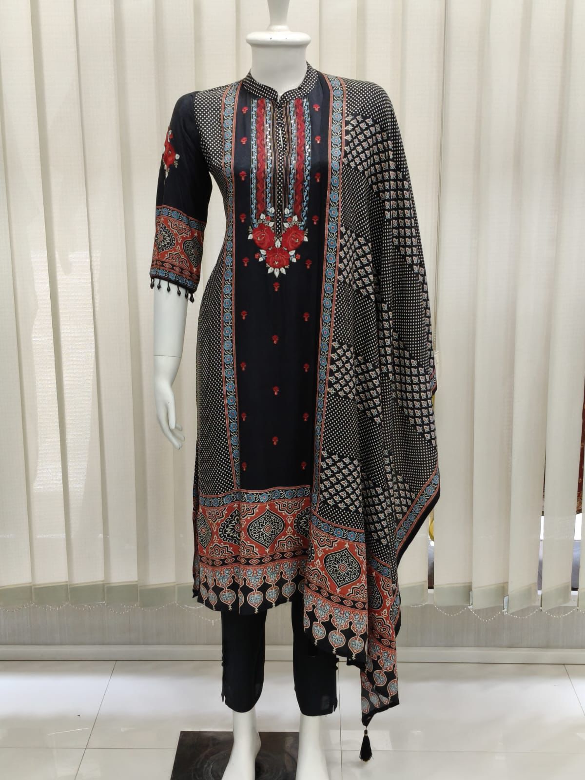 Black Ajrakh Floral Kurti Set
