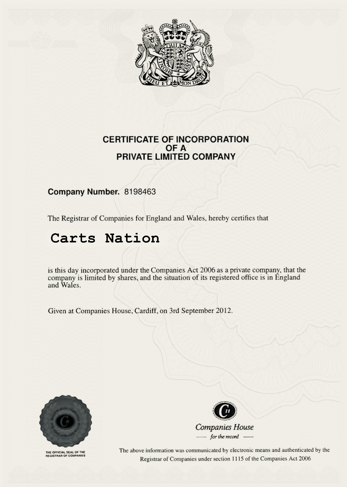 Carts Nation - Certificate of Incorporation