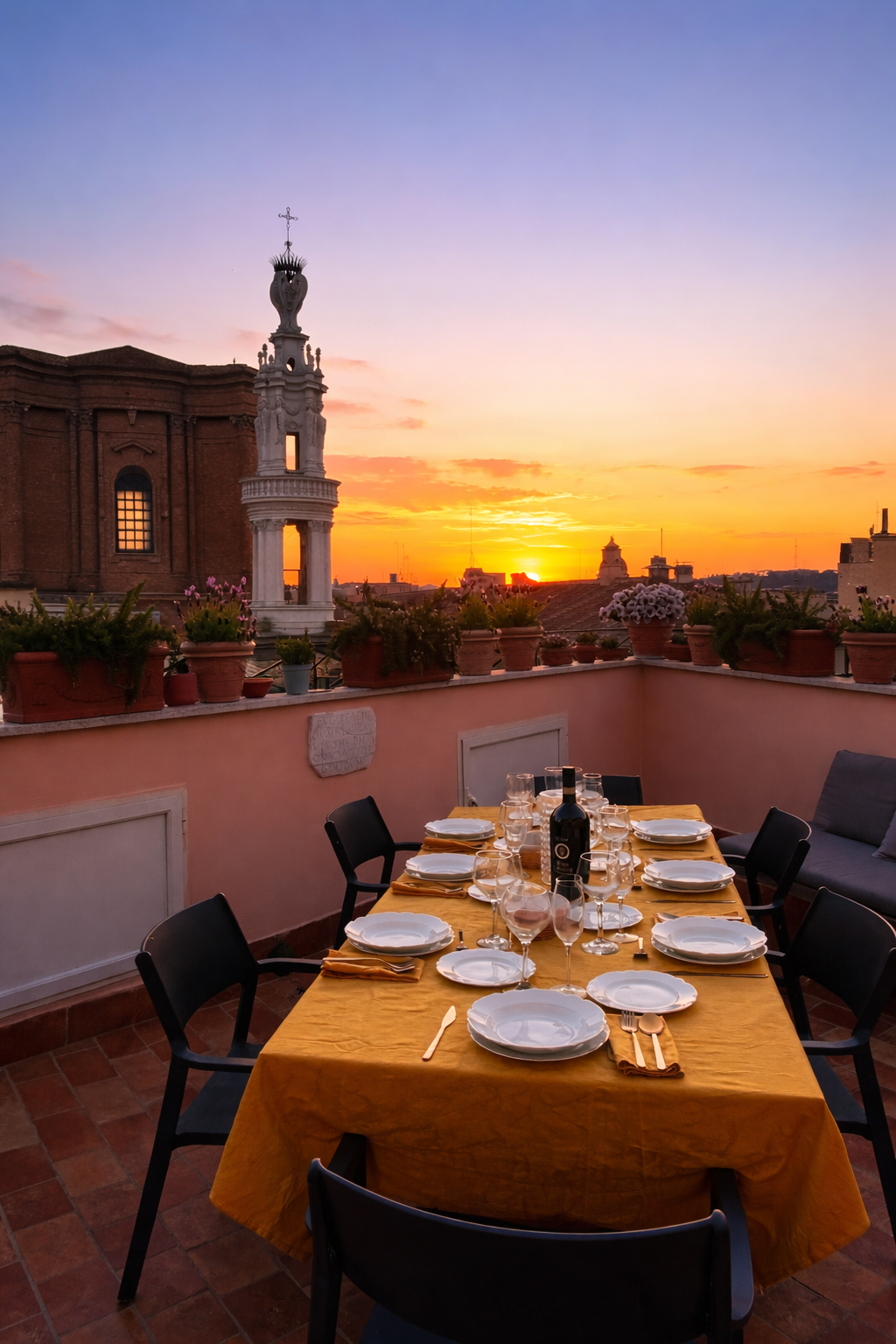 Panorama dei tetti di Roma al tramonto dal terrazzo