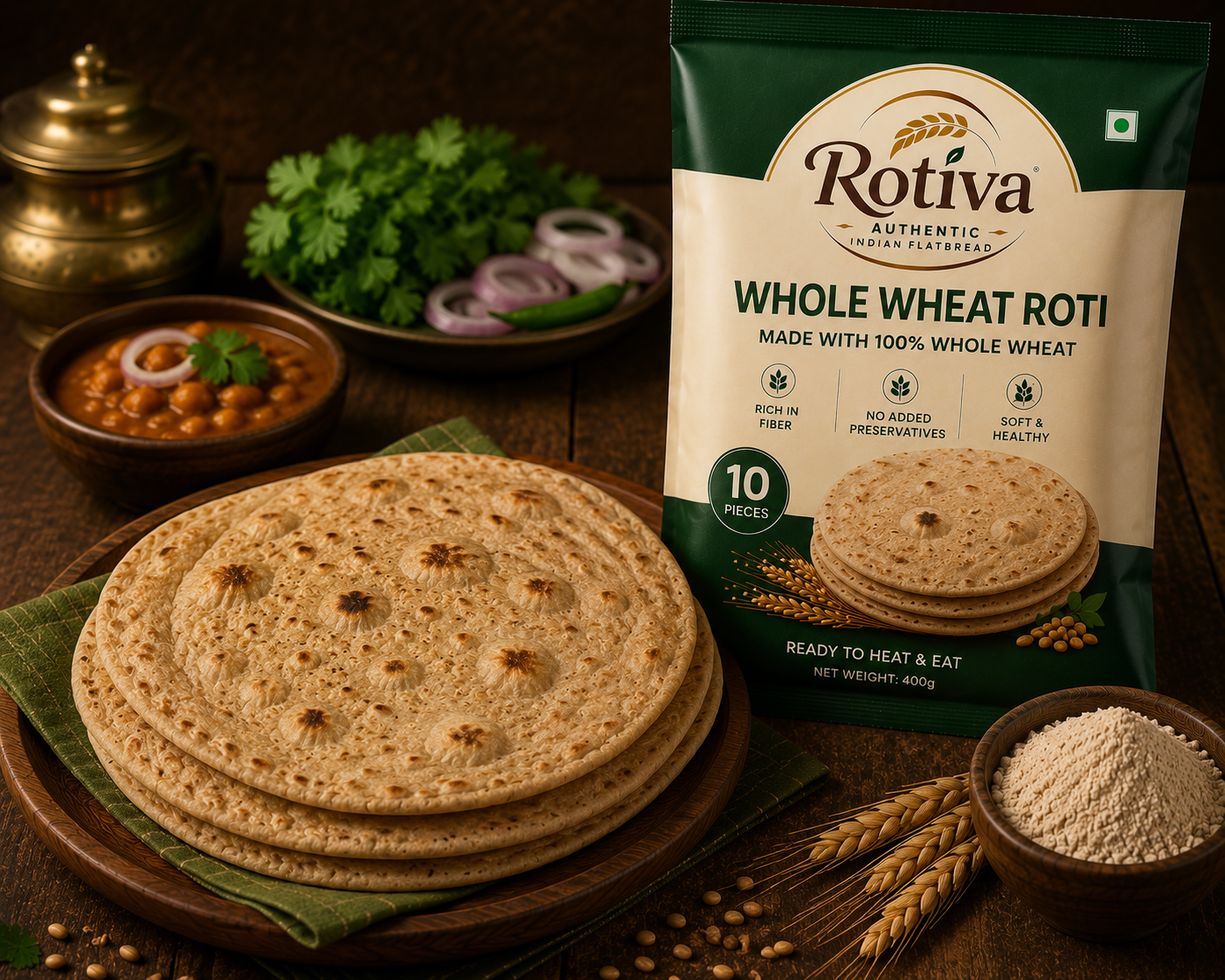 Whole Wheat Roti — Soft texture. Honest nutrition. Made with 100% whole wheat.