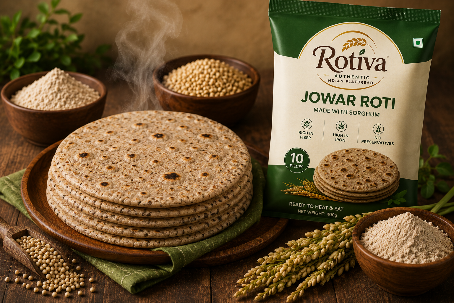 Jowar Roti — Gluten-friendly sorghum. Light, mineral-rich and easy to digest.