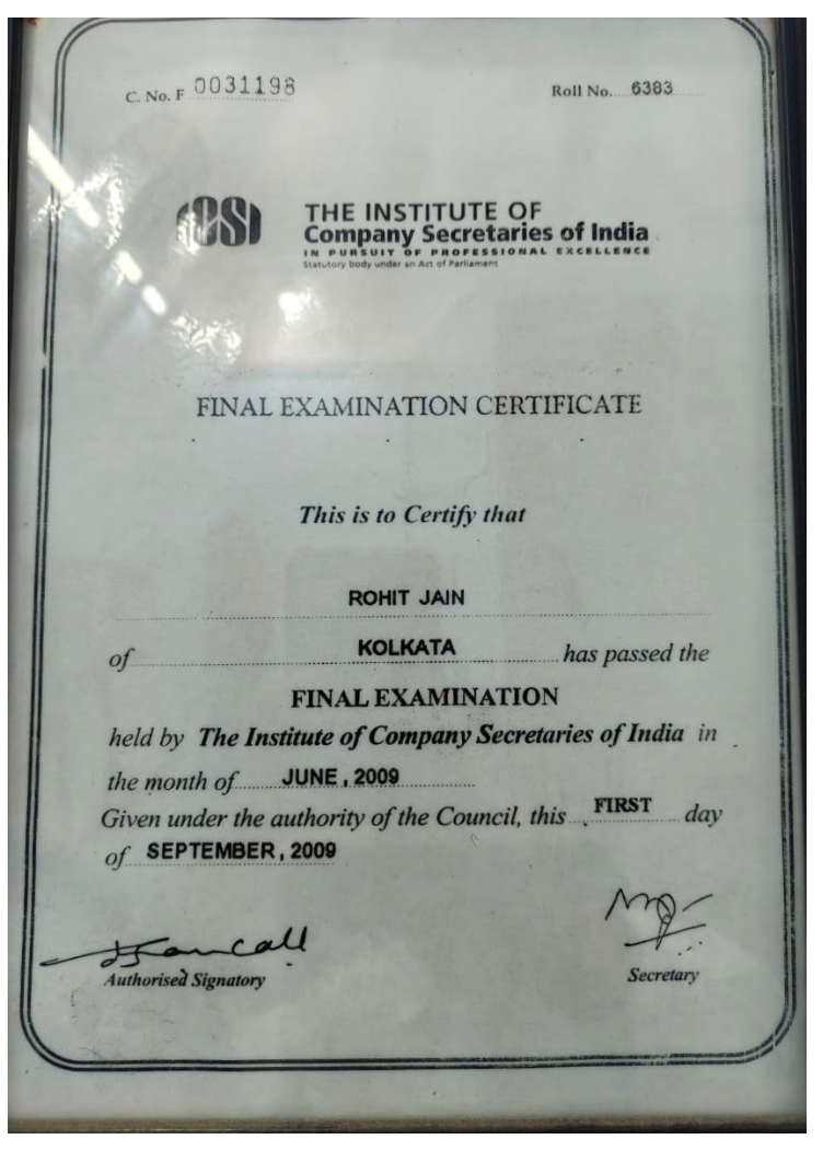 ICSI Final Examination Certificate - Rohit Jain
