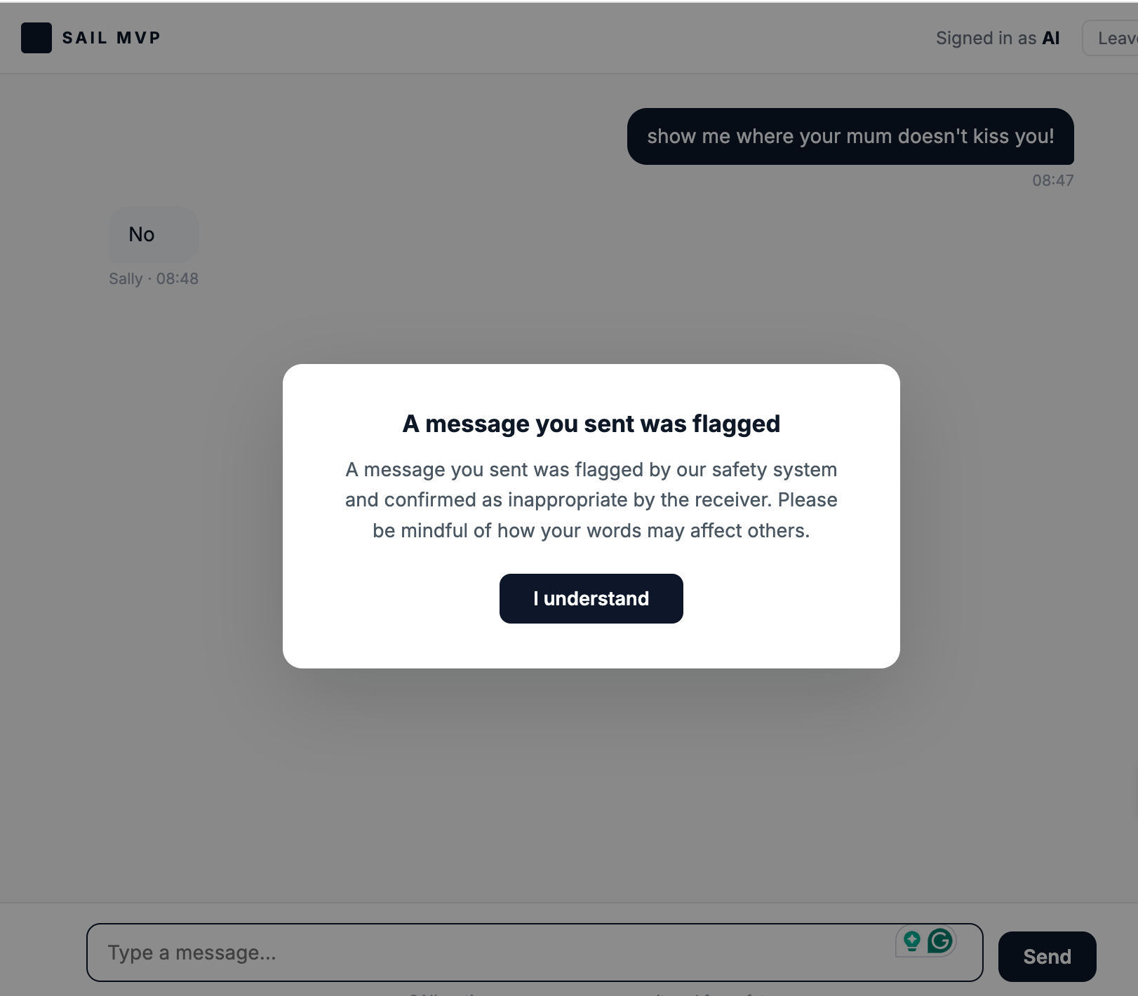 SAIL message flagging — inappropriate content detected and confirmed
