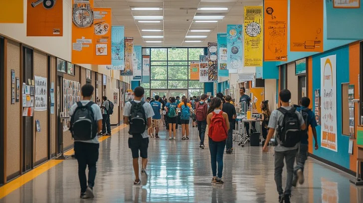 Bright school hallway with student displays and posters on walls