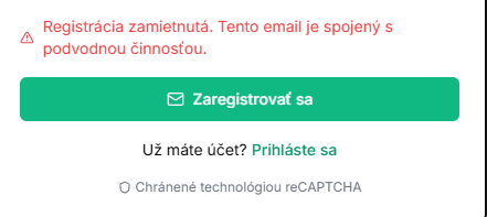 Registrácia zamietnutá - email spojený s podvodnou činnosťou