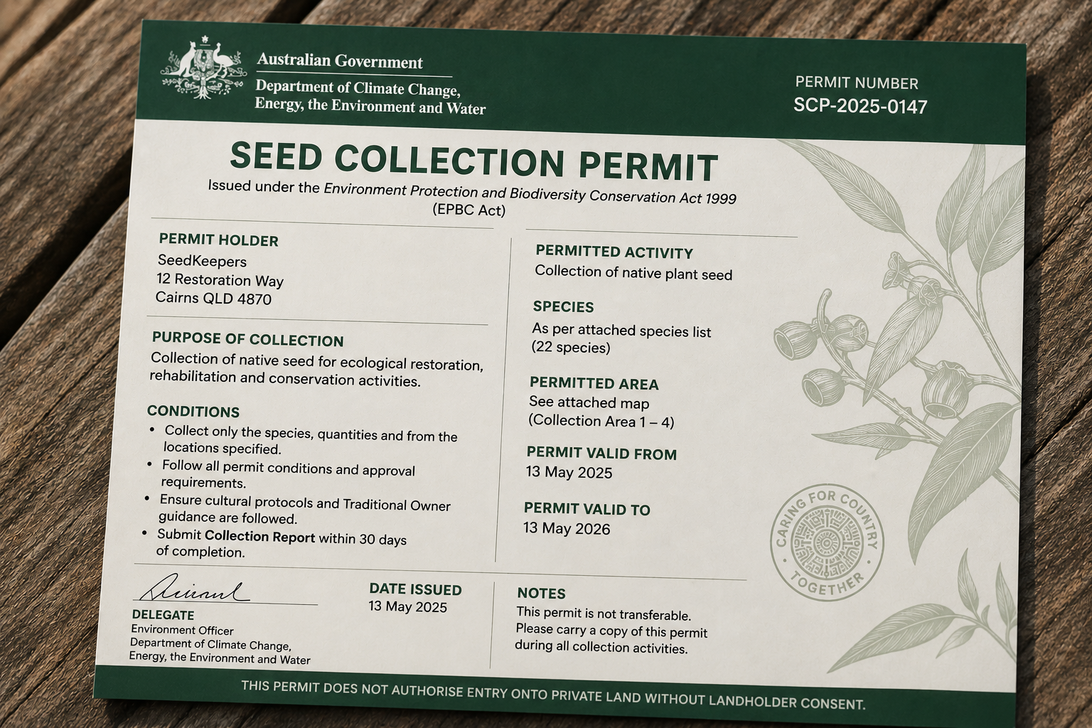 Sample Australian Government seed collection permit on a wooden surface