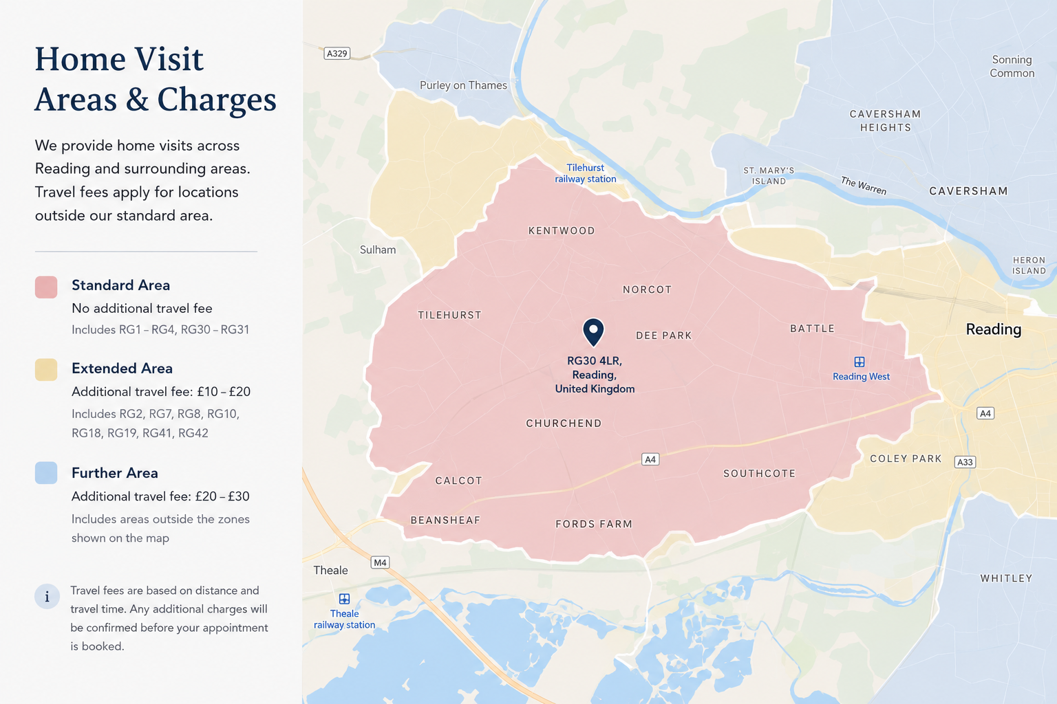Map of Reading showing home visit coverage zones — Standard, Extended and Further Areas