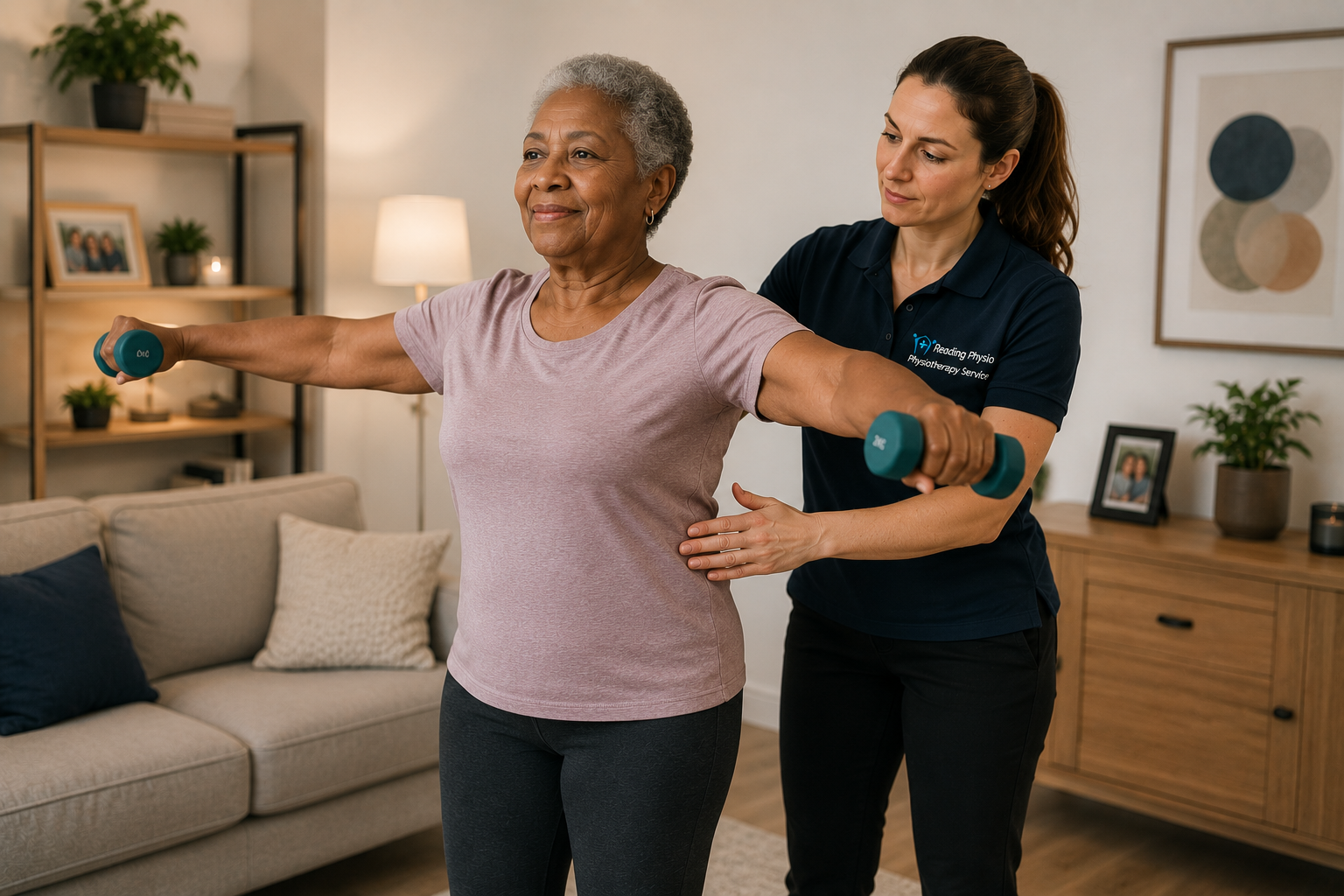 Senior lady doing supervised dumbbell training with a Reading Physio physiotherapist at home