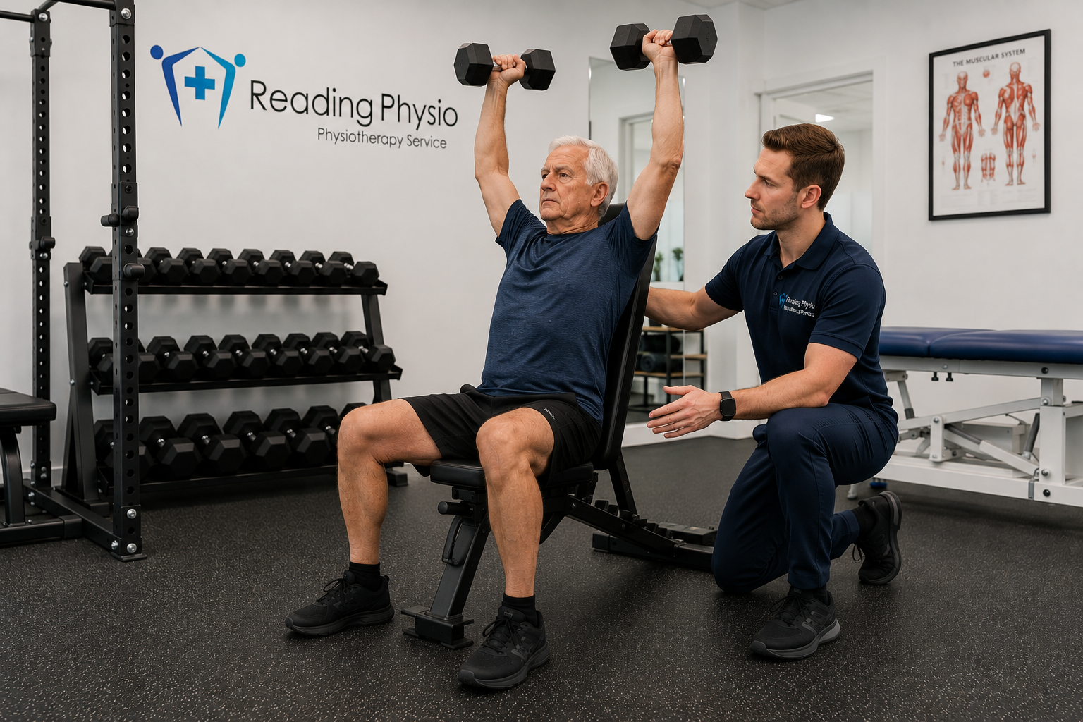 Senior gentleman doing supervised dumbbell training at Reading Physio