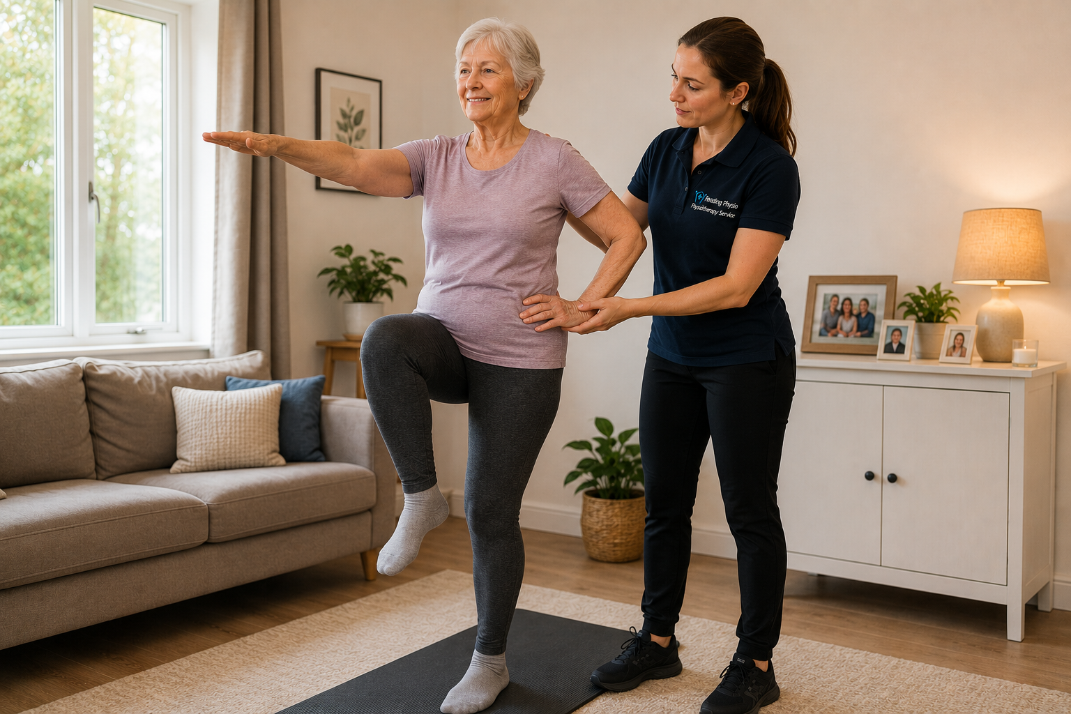 Senior balance training during a home visit with Reading Physio