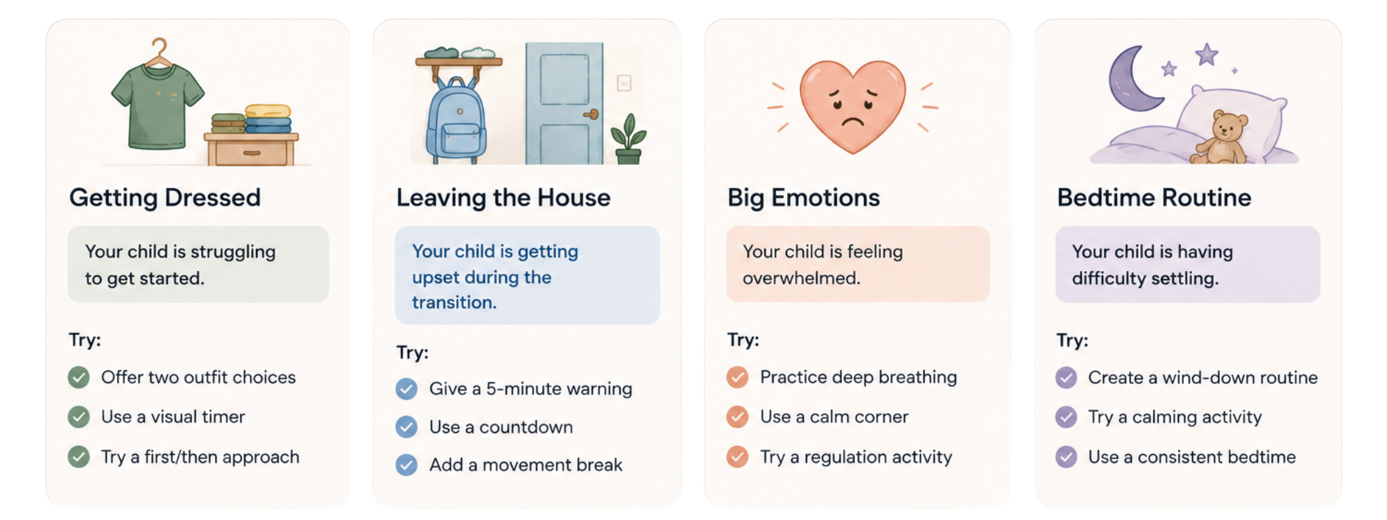 Four practical-parenting cards side by side — Getting Dressed, Leaving the House, Big Emotions, and Bedtime Routine — each with a short situation and three try-this strategies.