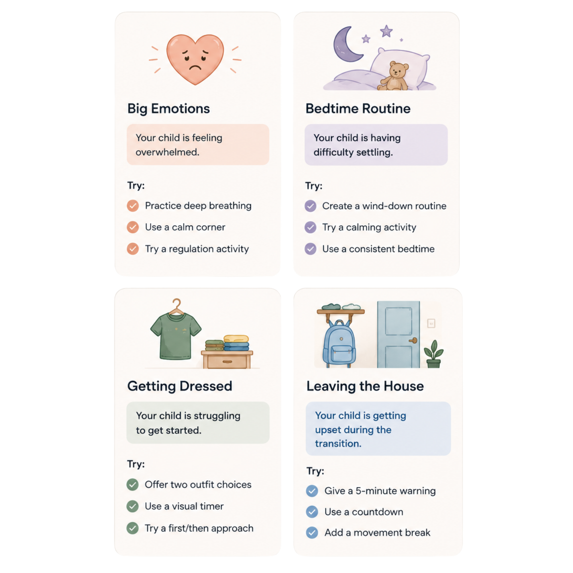Four practical-parenting cards stacked 2x2 — Big Emotions, Bedtime Routine, Getting Dressed, and Leaving the House — each with a short situation and three try-this strategies.