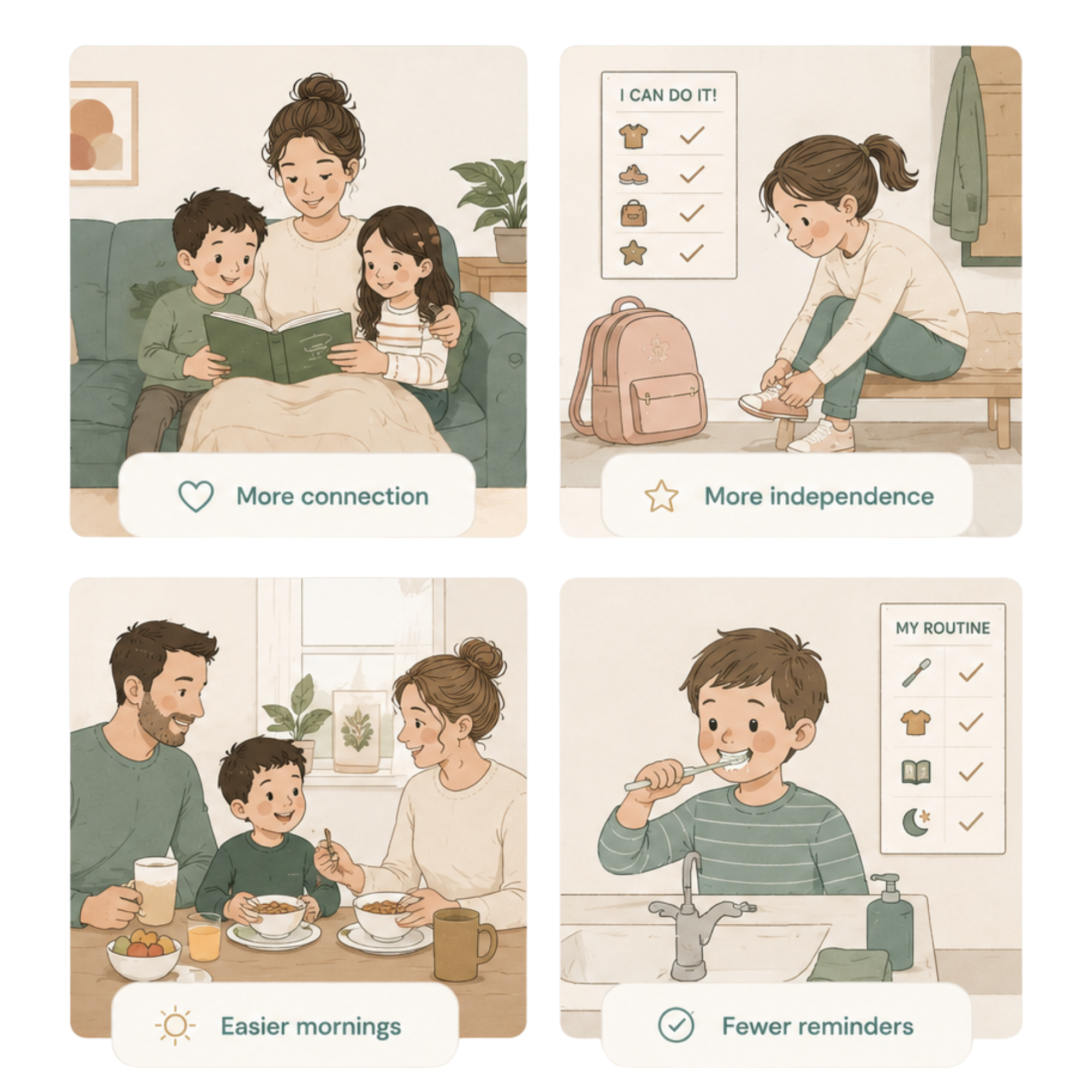Four everyday routine moments — bedtime stories, getting ready, mealtimes, and brushing teeth