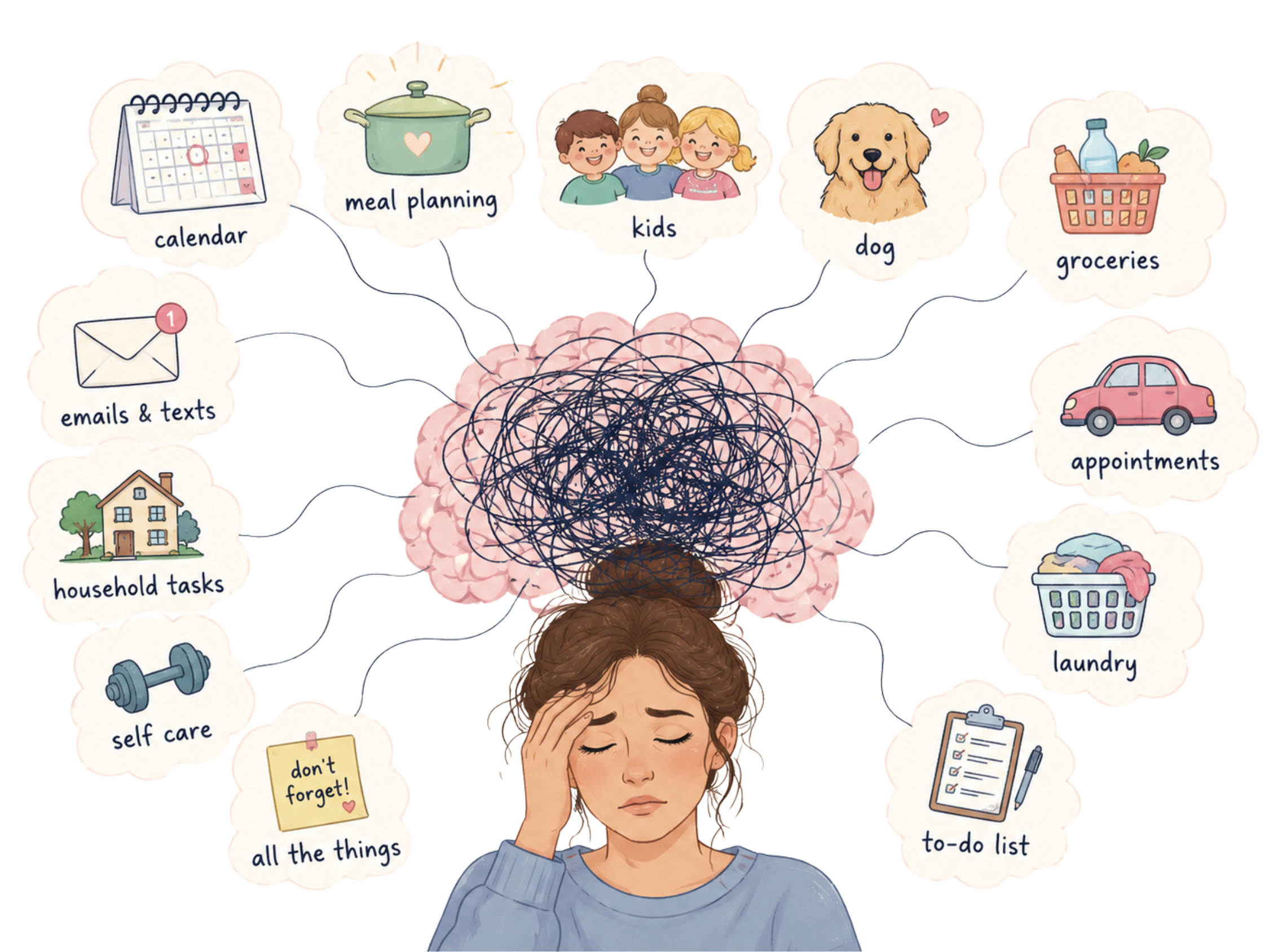 A mom with eyes closed, holding her forehead, with a tangled scribble above her head and floating thought bubbles labeled calendar, meal planning, kids, dog, groceries, emails & texts, household tasks, self care, all the things, appointments, laundry, and to-do list — visualizing the mental load.