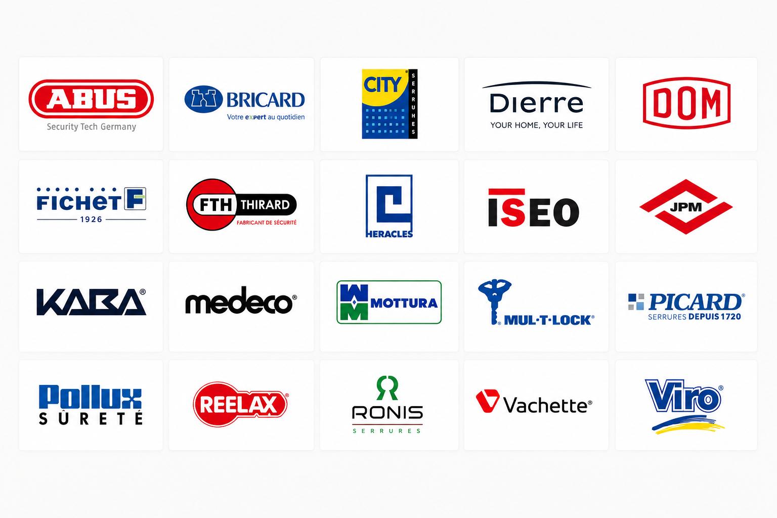 Marques de serrures installées et dépannées : ABUS, Bricard, City, Dierre, DOM, Fichet, FTH Thirard, ISEO, JPM, Kaba, Medeco, Mottura, Mul-T-Lock, Picard, Pollux, Reelax, Ronis, Vachette, Viro