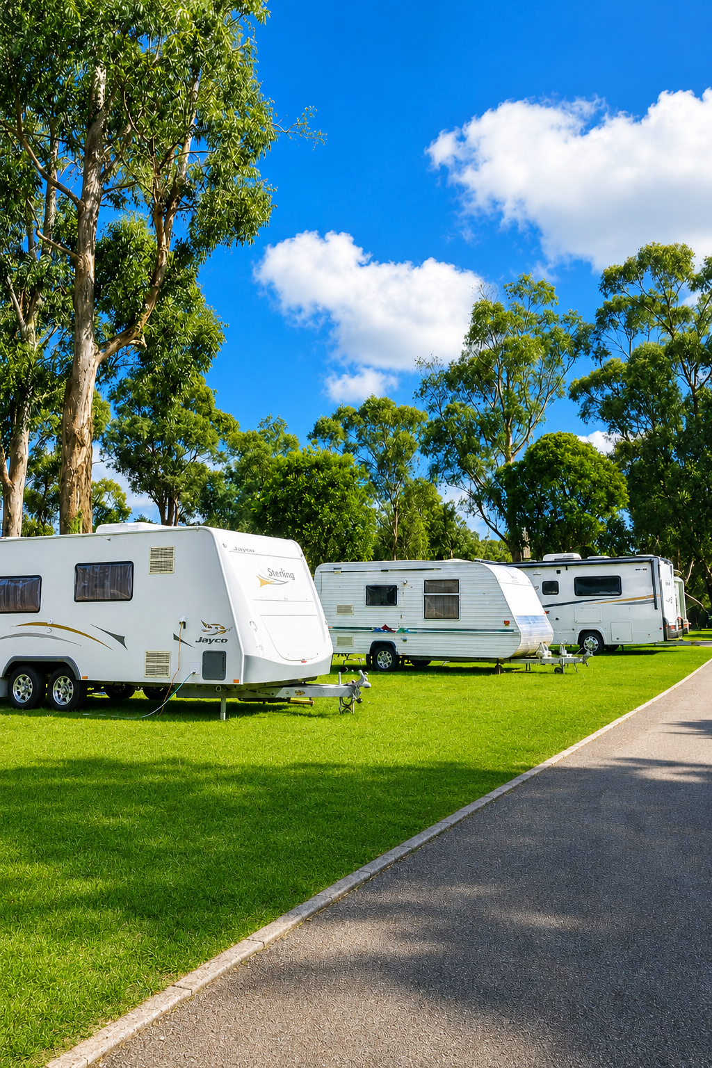 Powered caravan sites on lush green lawn under big blue sky