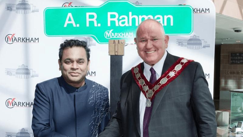 A. R. Rahman with the Mayor of Markham unveiling the honorary 'A. R. Rahman' street sign in Canada