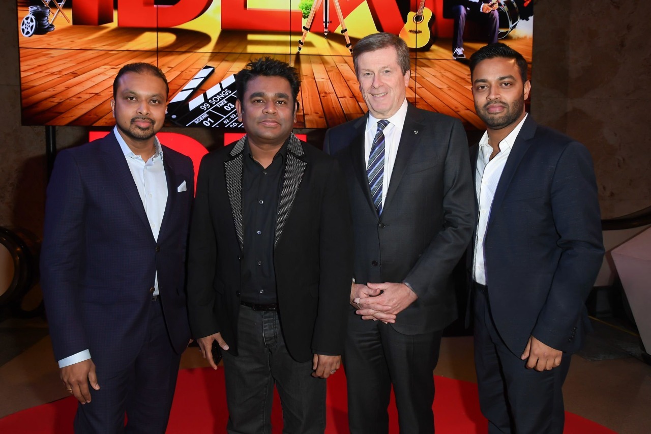A. R. Rahman with Toronto Mayor John Tory and Shaji Nada at an international cultural event