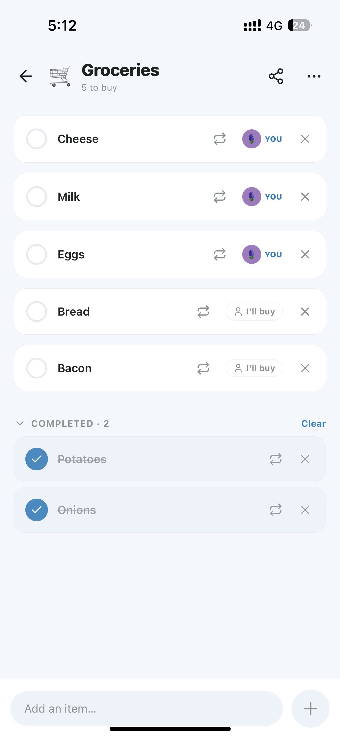 Shared groceries shopping list with cheese, milk, eggs, bread and bacon, showing who is buying each item.