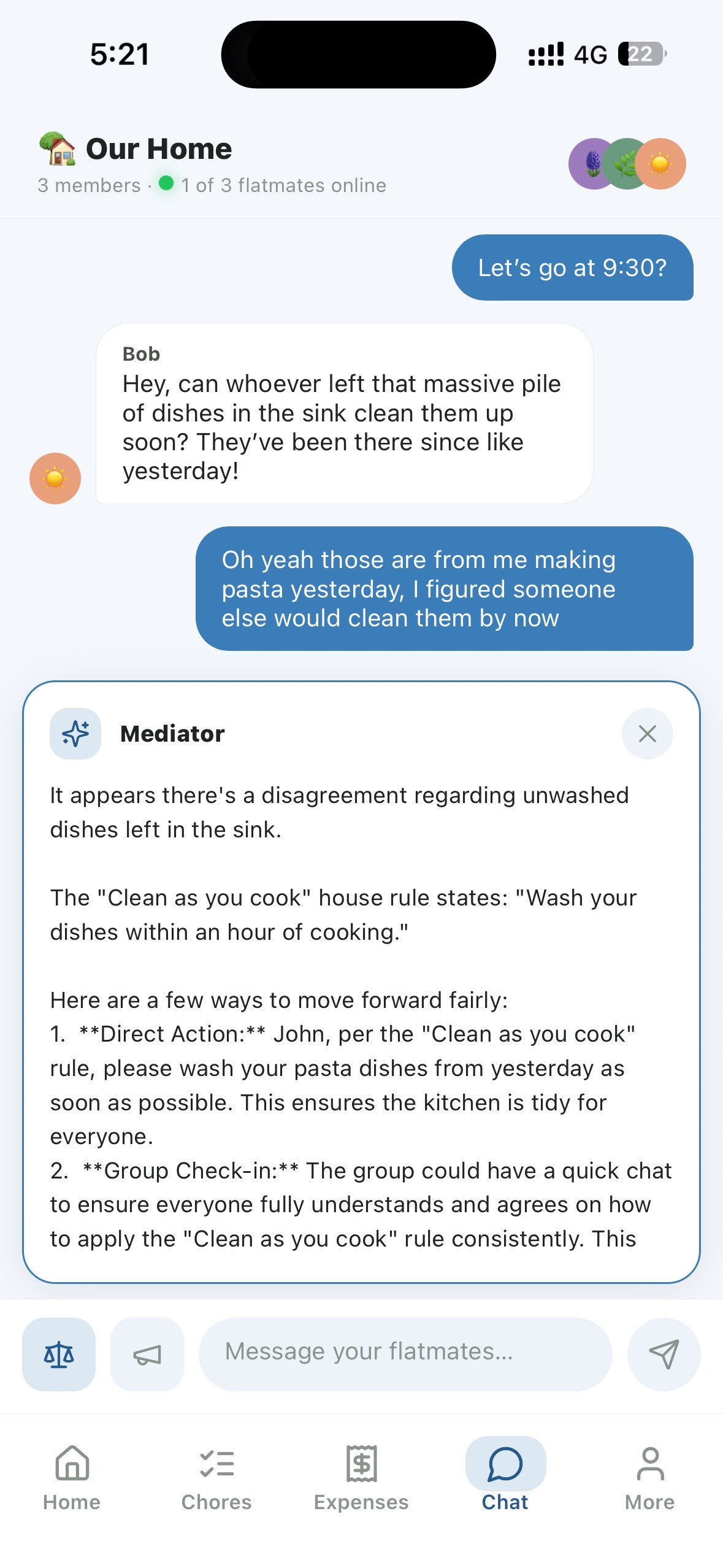Group chat with the AI Mediator stepping in to resolve a dispute about unwashed dishes by referencing the flat's Clean as you cook rule.