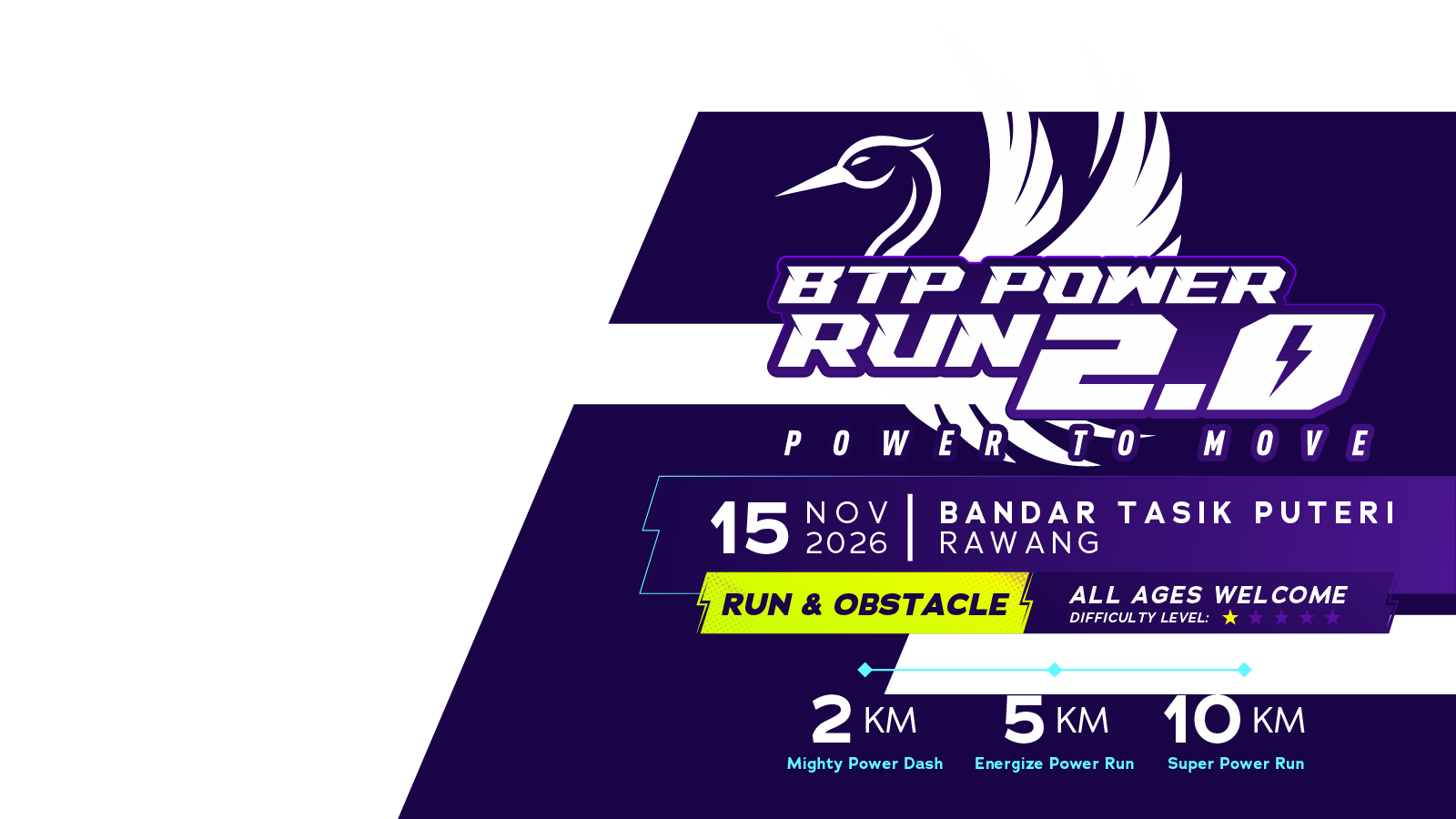 BTP Power Run 2.0 — 15 Nov 2026, Bandar Tasik Puteri, Rawang · 2KM Mighty Power Dash · 5KM Energize Power Run · 10KM Super Power Run