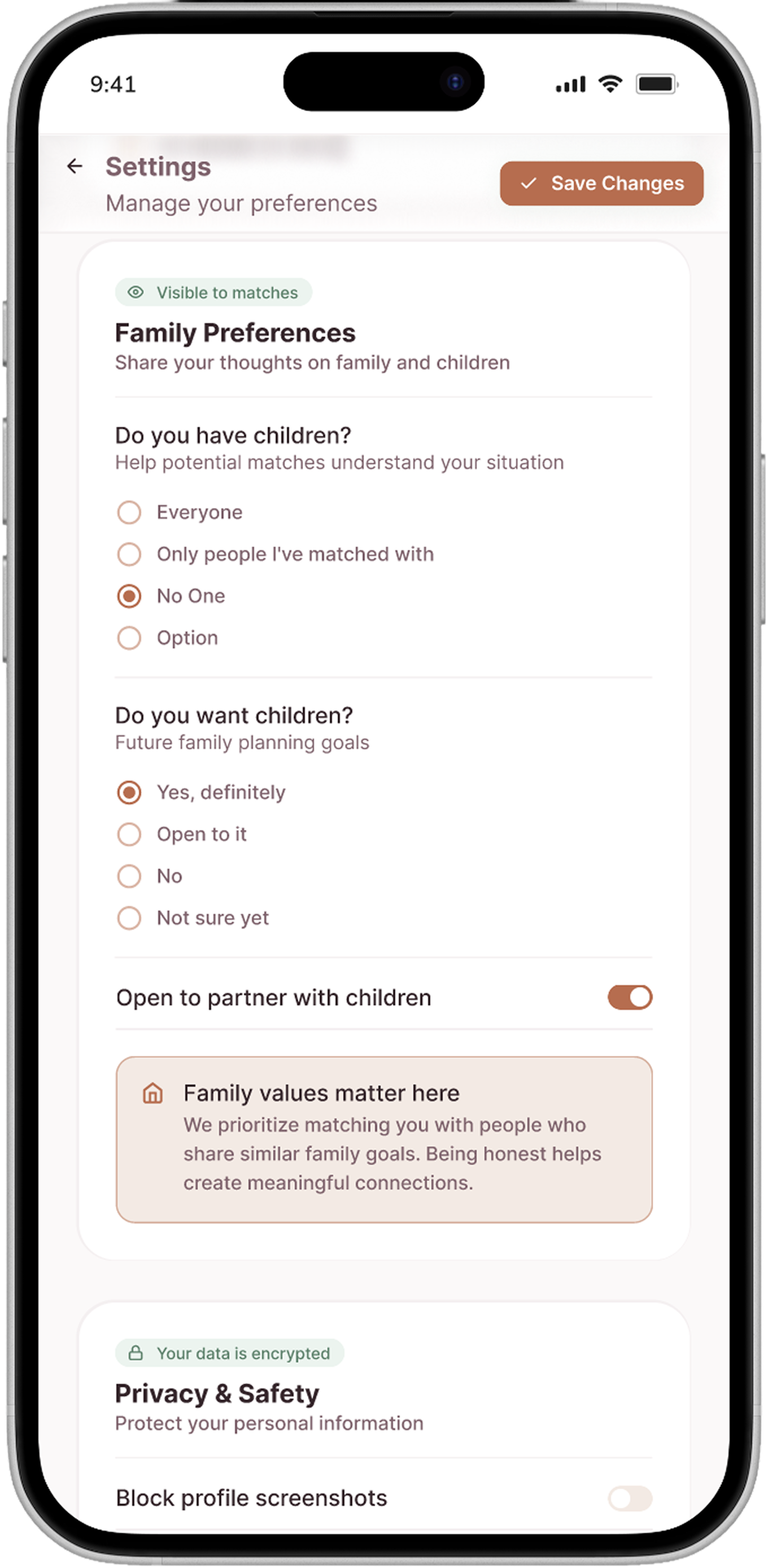 Mobile view — Family Preferences