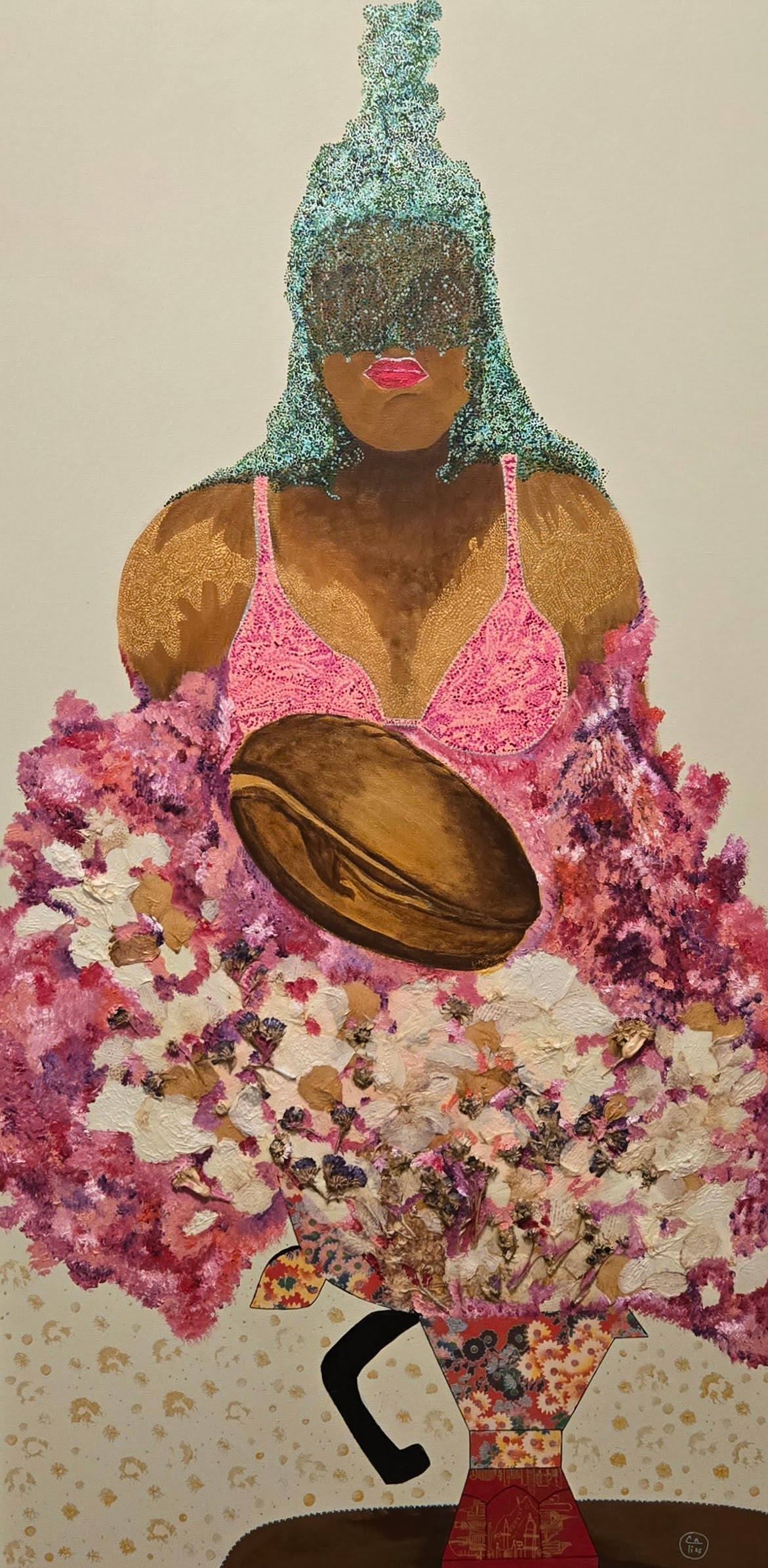 Green-haired figure cradling a wooden vessel of beans