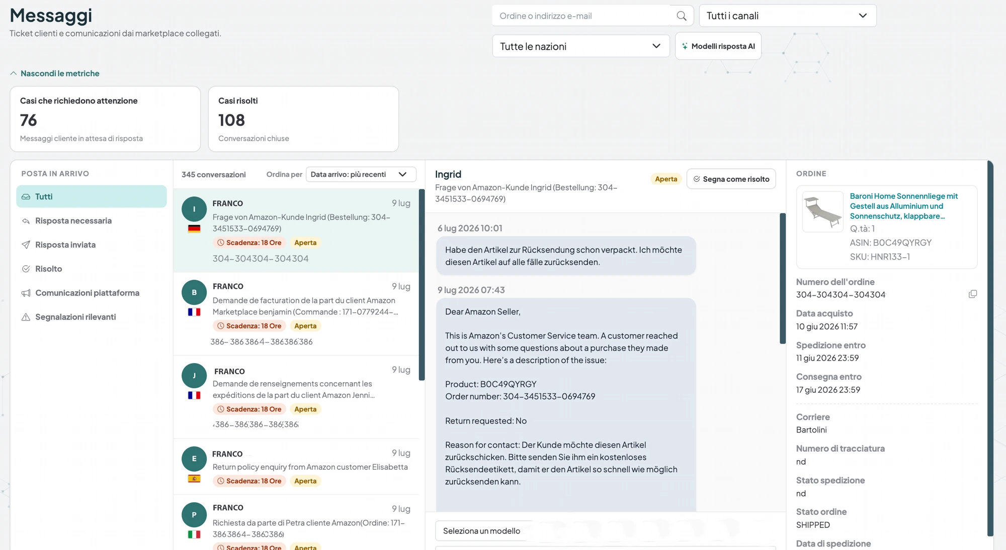 Anteprima interfaccia Messaggi AI di Bonsai — inbox unificata dei ticket clienti dai marketplace collegati