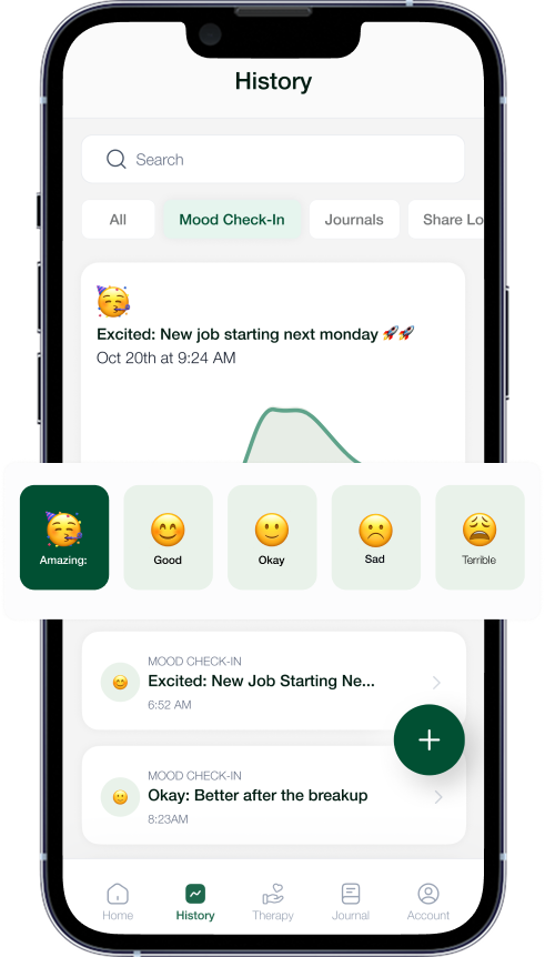 Mood check-in flow and history.