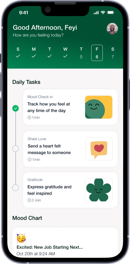 Daily tasks home with weekly streak rail.