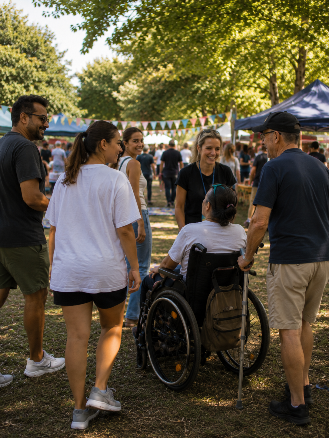 Diverse community members, including a person using a wheelchair, gathered together at an outdoor event with bunting and stalls