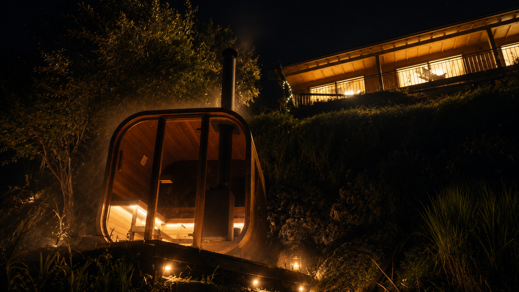 Nordic wood-fired sauna lit at night beside the illuminated villa at Casa do Sol, Celorico de Basto, Northern Portugal