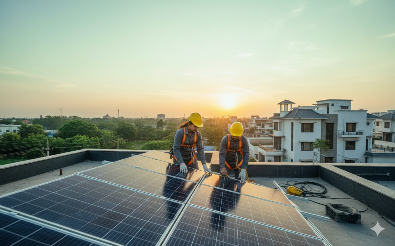 Technician installing rooftop solar in Ranchi region