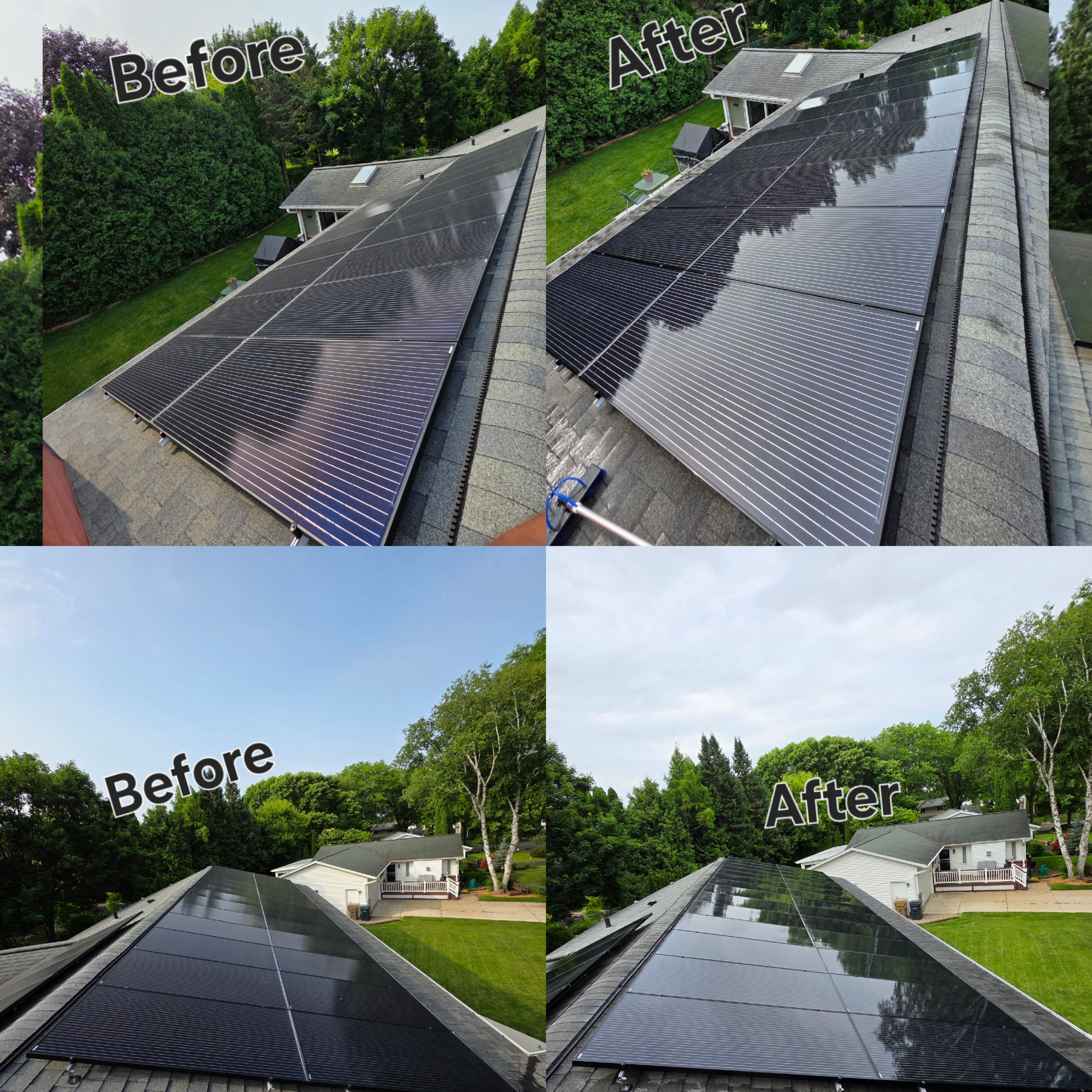 Clean solar panels on residential roof after professional service