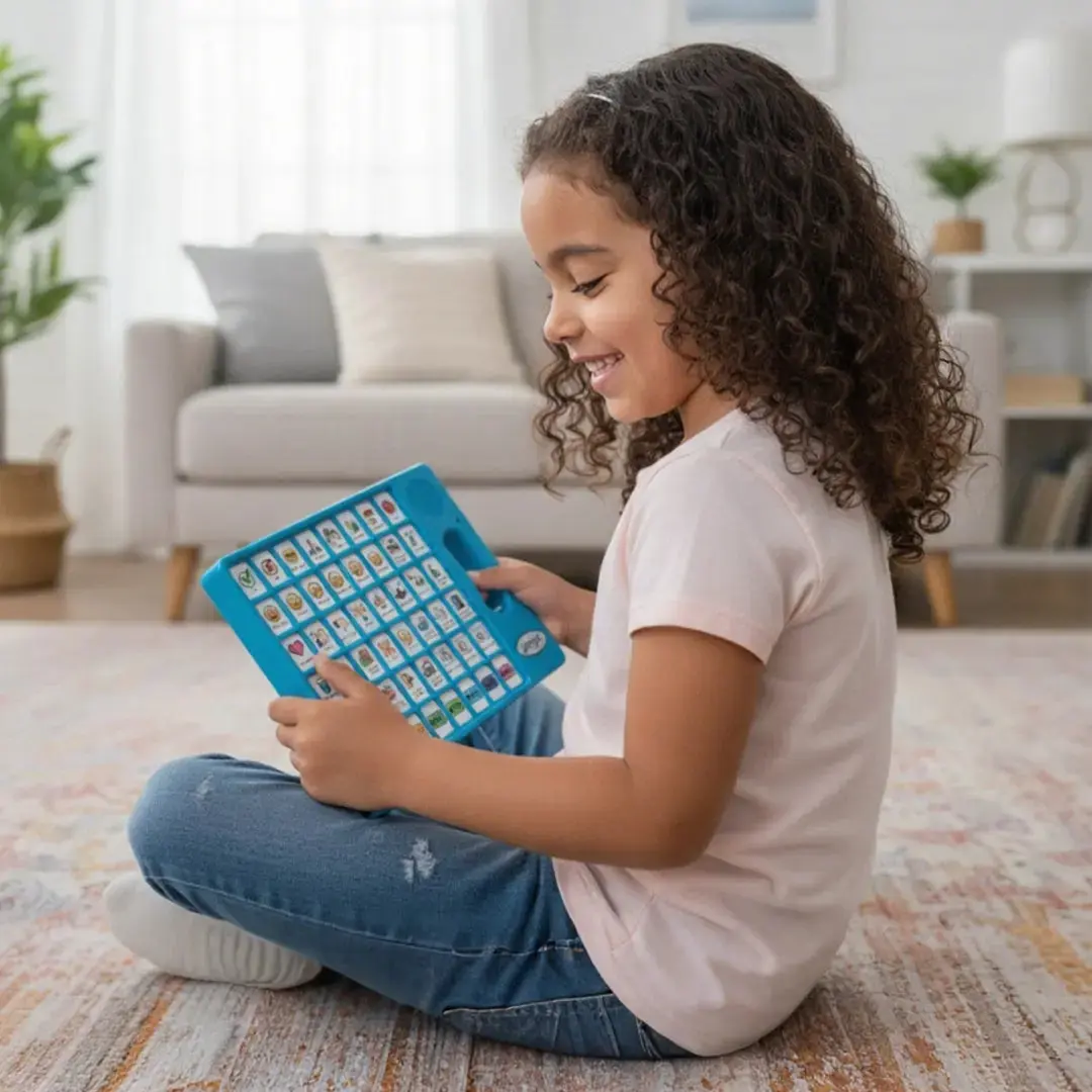 Young AAC user with communication device